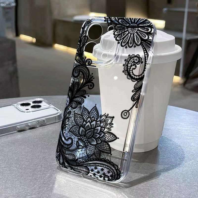 Tablets - Trendy Zwart Kant Bloempatroon Telefoonhoesje voor