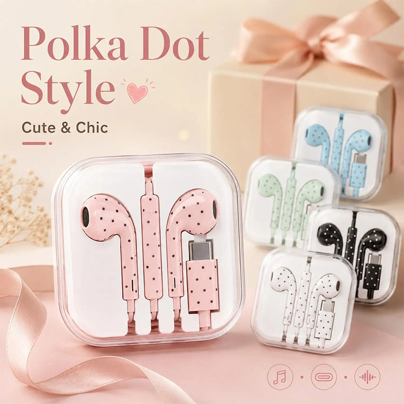Type C Wired Earphones With Mic - Leuke Polka Dot Type-C bedrade oordopjes